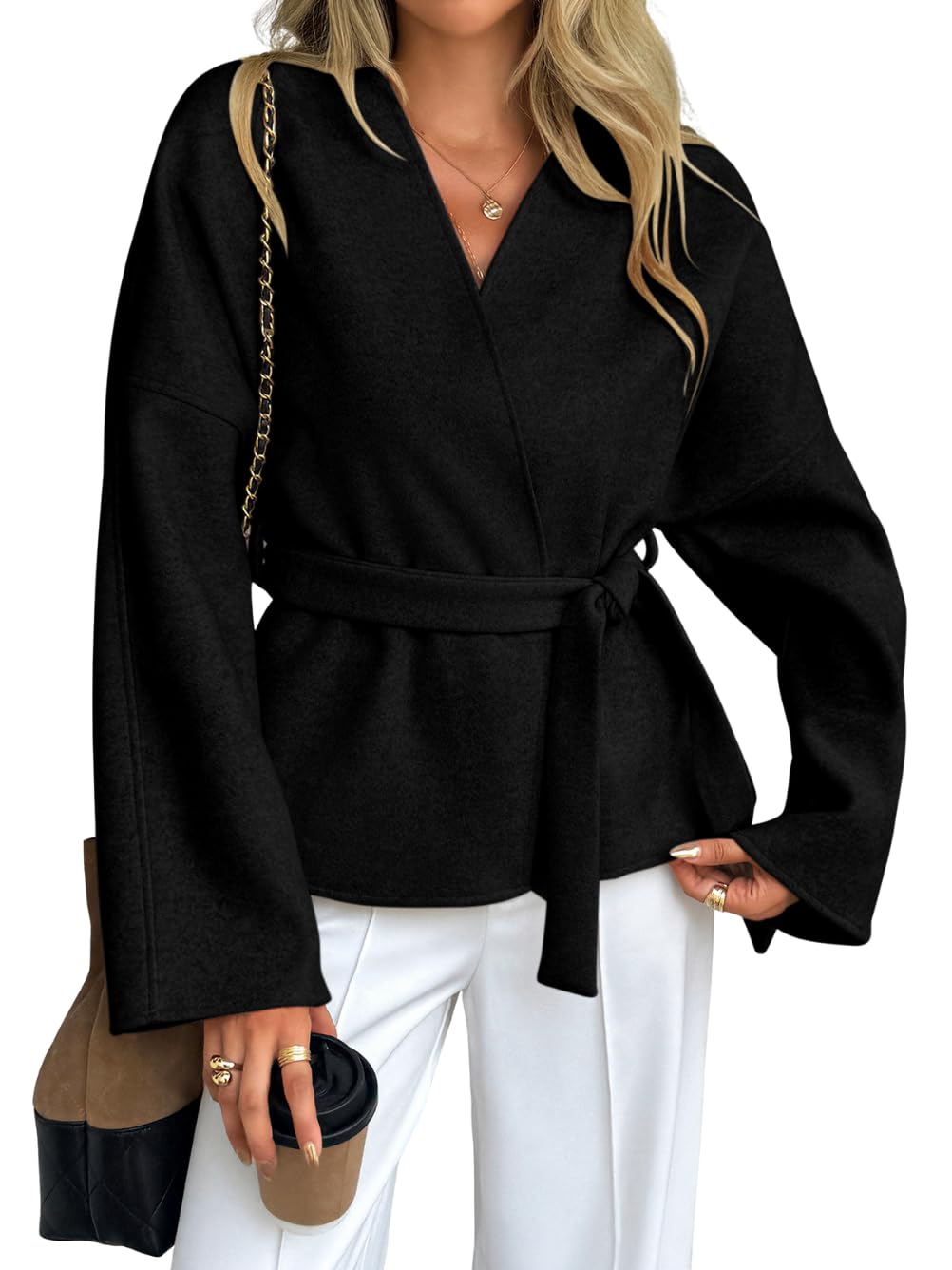 Old Money Women Cropped Pea Coat Short Wrap Belted Blazer Jackets Winter Work Office Business Fashion Casual Outfit
