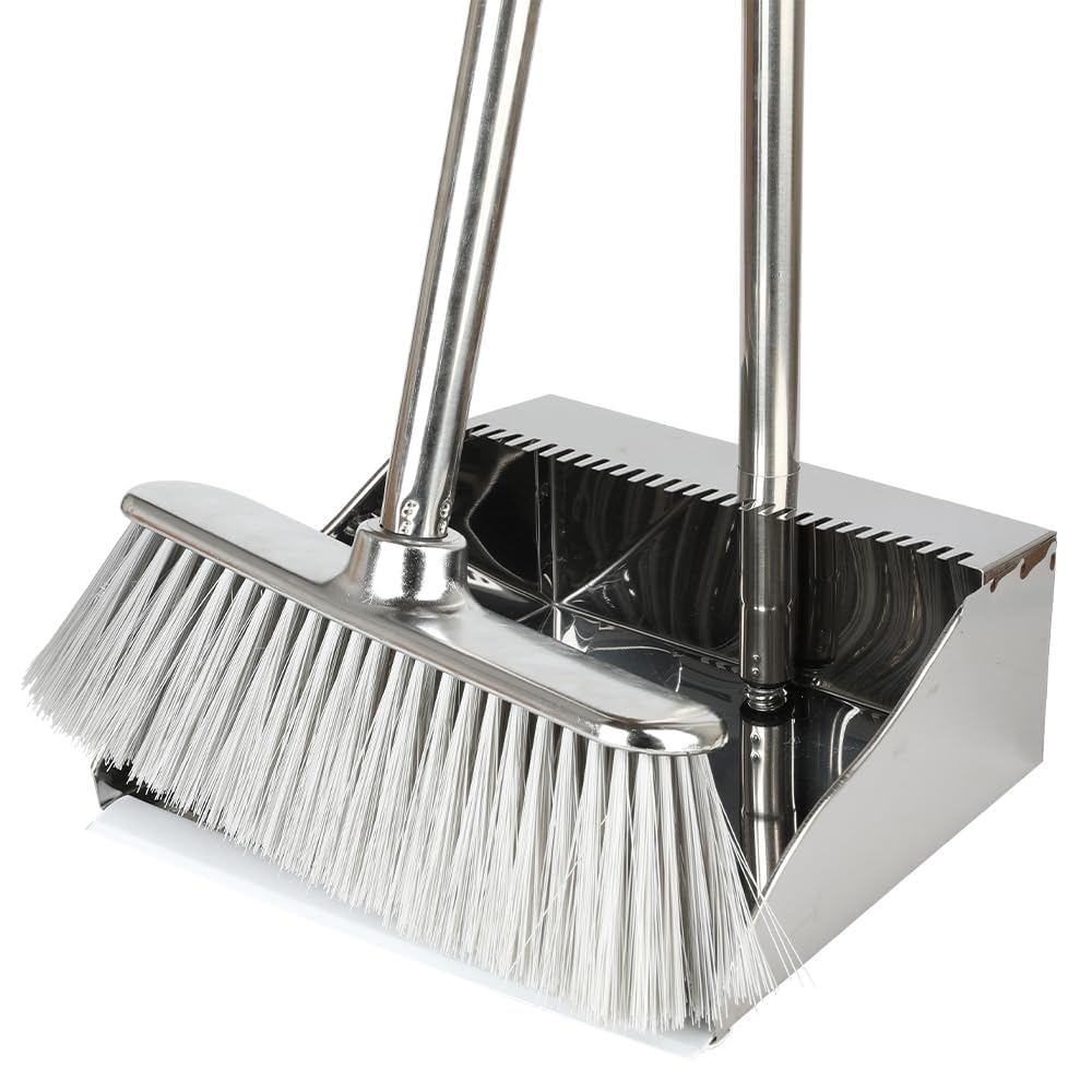 Metal Dustpan with Broom Set, Long Handle Stainless Steel Dustpan
