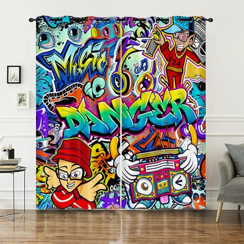 AILONEN Art Music Window Curtains for Kids Boys Girls Teens Bedroom,Colorful Graffiti Hip Hop Music Decor for Home Living Room Window Drapes 2 Panel 42