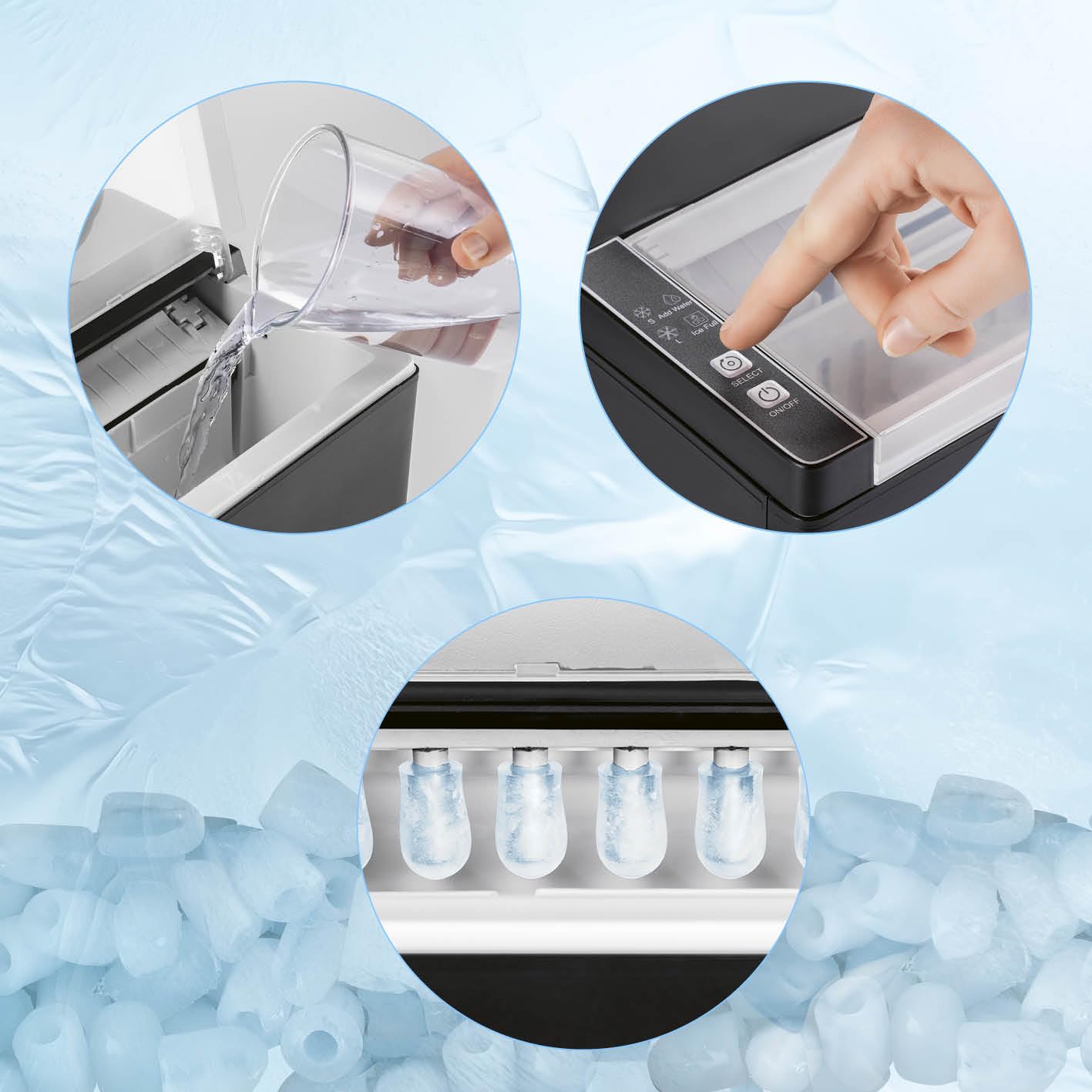 GOURMETmaxx kostkarka do lodu o mocy 150 W, na kemping i do współpracy, nie wymaga podłączenia wody, domowa kostkarka do lodu, w zestawie z pojemnikiem na odpady i łopatką do lodu, 12 kg dziennie