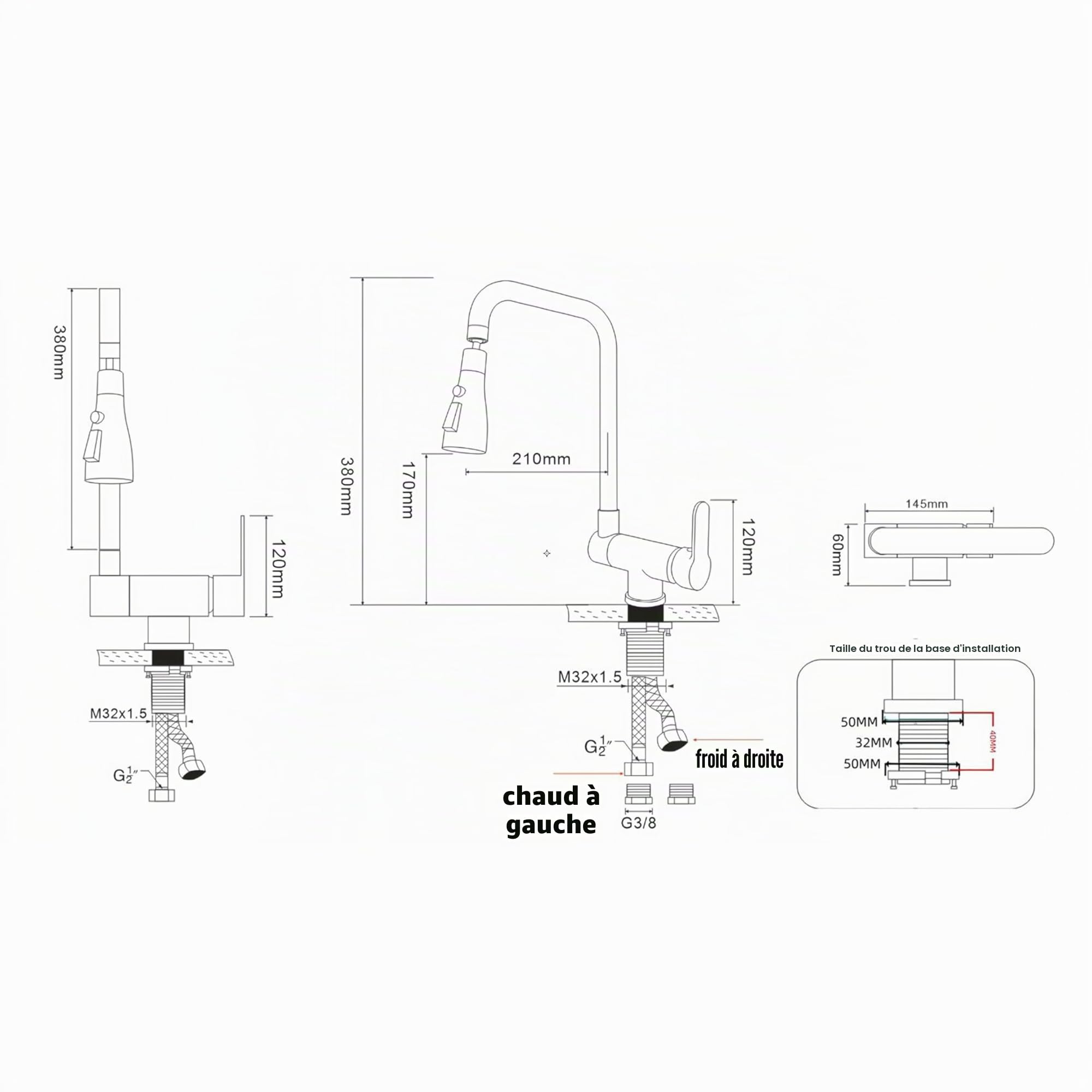 Mitigeur Cuisine Rabattable, Robinet Cuisine Rabattable Avec 3 Jets Modes,robinet Cuisine Pliable Pour Fenêtre,Mitigeur Evier Cuisine En Acier Inoxydable 304 Brossé (noir)