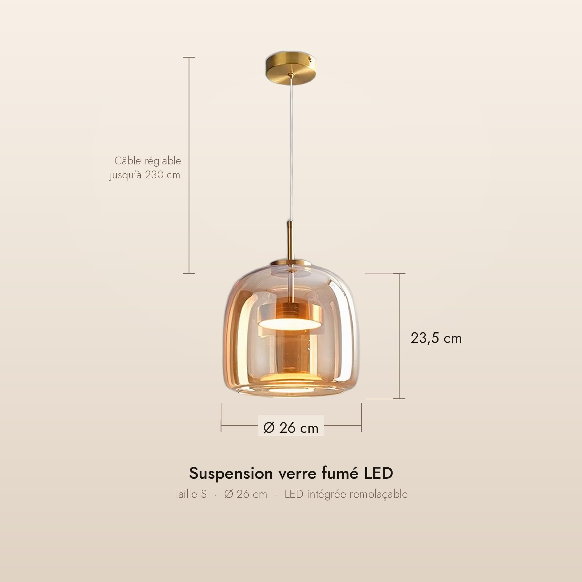 Générique Suspension Verre Fumé LED Intégrée Ø26 cm Dorée, Lampe Suspendue Verre Ambré Double Paroi, Blanc Chaud, LED de Rechange Incluse, Câble Réglable 230 cm, Salon Cuisine Salle à Manger