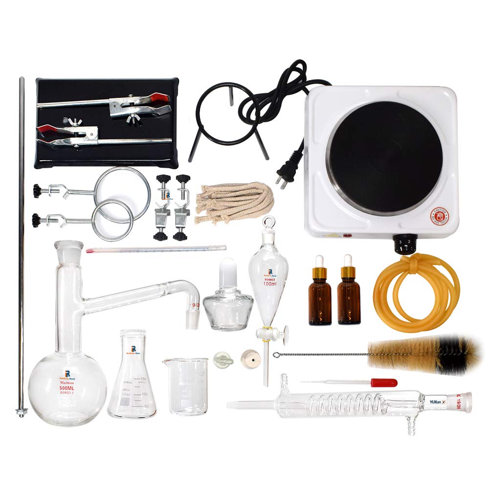 Aparato de destilación de extracción de aceite esencial de laboratorio de 500 ml con estufa caliente, destilador de agua, purificador, kits de cristalería de laboratorio, destilador de alcohol