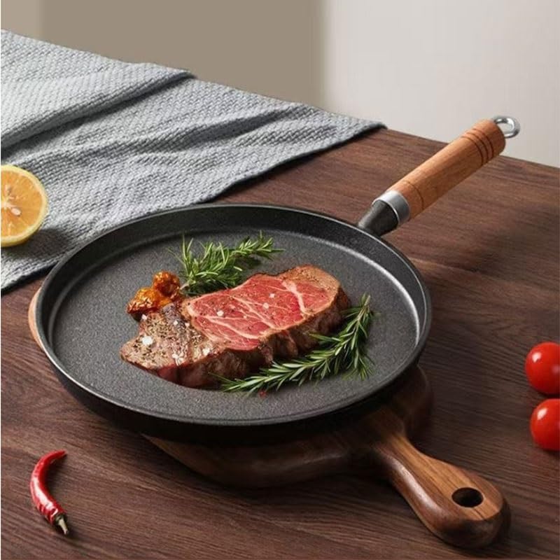 Household Thick Walled Cast Iron Flat Bottomed Pan for Cooking Steaks Pizza Non Stick
