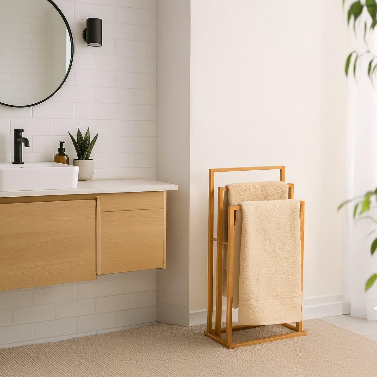 Toallero múltiple Natural de Madera de bambú de 40x24x82 cm - LOLAhome