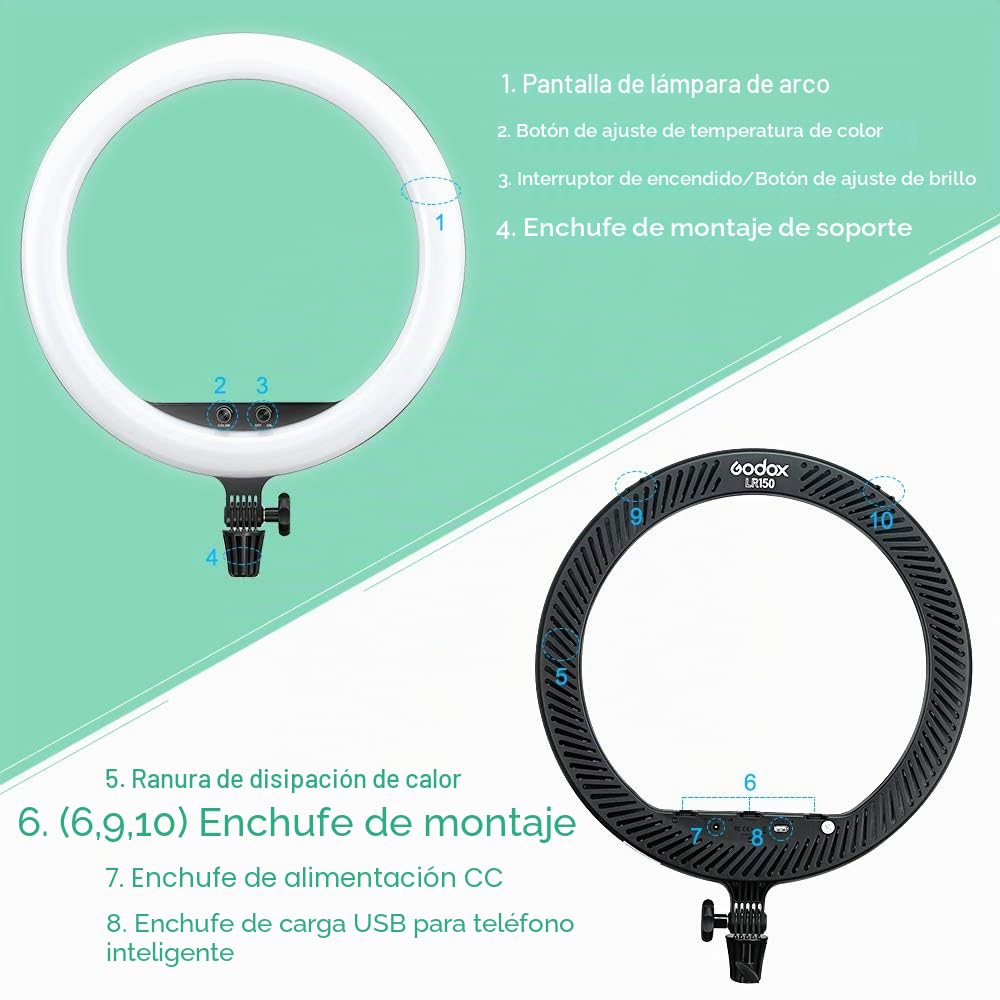Godox LR150 Anillo de luz LED con Tripode y Tres Soportes de Móvil 360° | 38W, 3000K-6000K, CRI>90, TLCI>90, Brillo 1%-100%, 18Pulgadas para Móvil, Cámara, Youtube, Selfie Vídeo, Fotográfica, etc