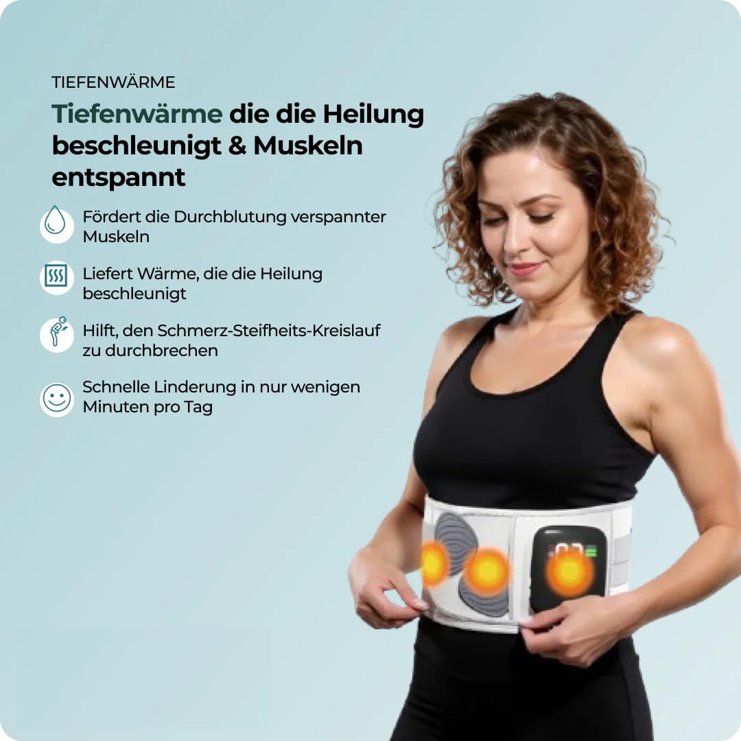 Relivera 5-in-1 Kompressionsgurt Lendenwirbelstützgurt für Frauen und Männer - 3 Massagemoden, 5 Wärmestufen, tragbar für die Taille