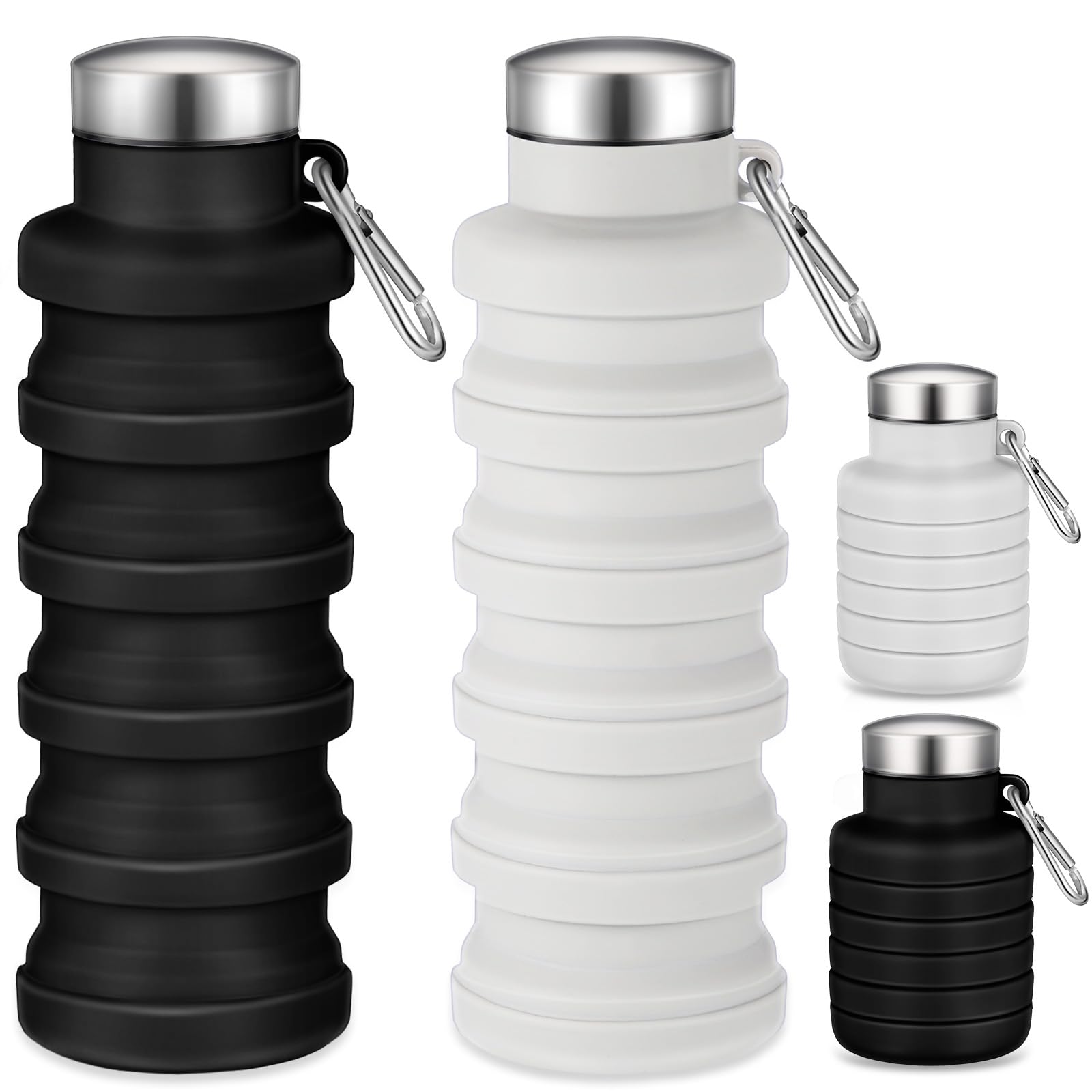 Baderke 2 Pcs Collapsible Water Bottles 17oz Silicone Travel Foldable Portable Water Bottle with Buckle Silicone Lightweight Reusable Leakproof for Camping Hiking Cycling Sport(Black, Gray White)