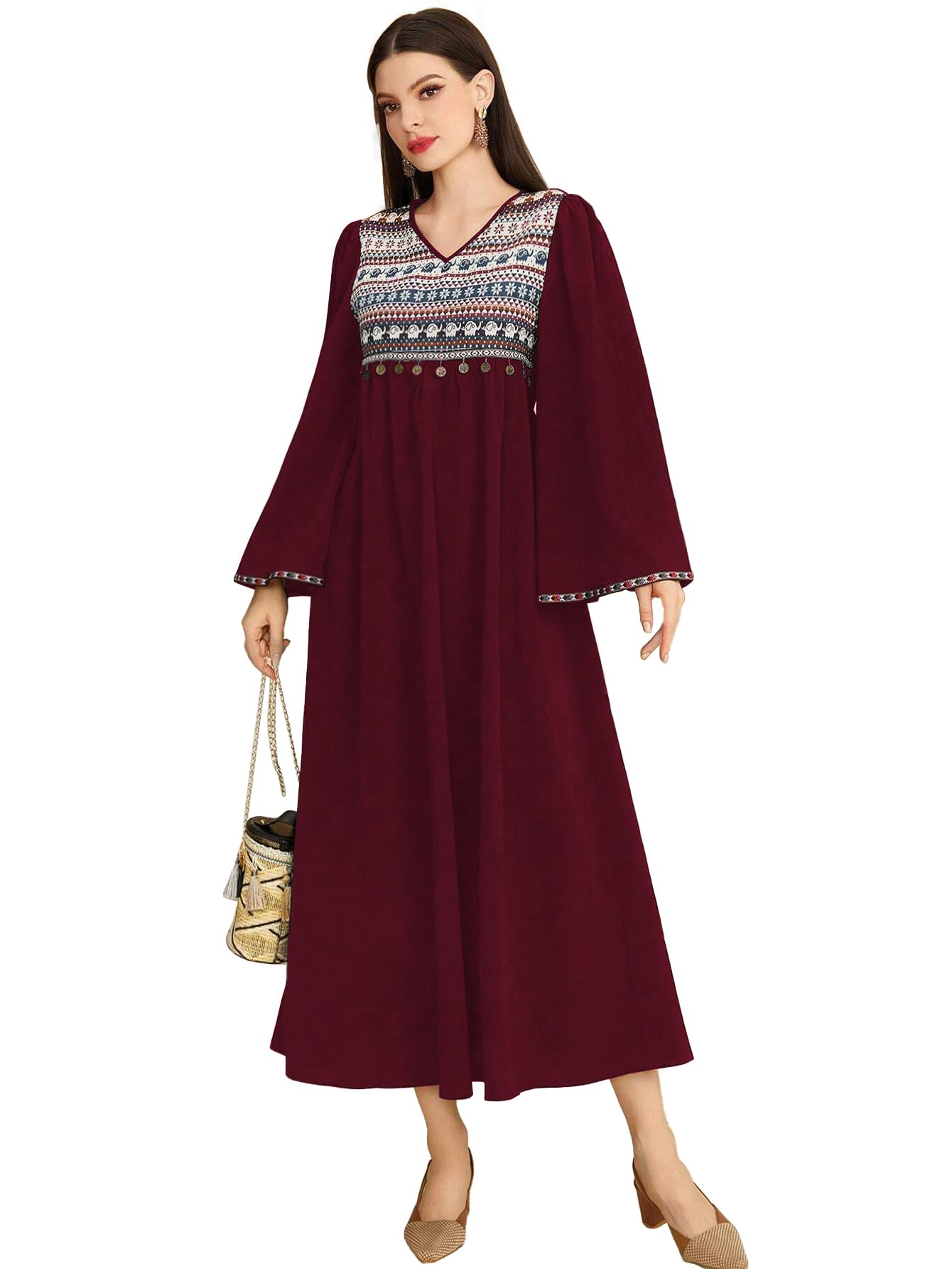 Tadkee Women's Geometric Pattern V-Neck Bell Sleeve One Piece Dress (Fn-V-Flared-One-Piece-126-Maroon-L)