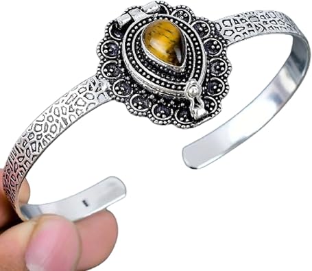 Tiger Eye Bangle, 925 Sterling Silver, Poison Box Bangle, Love Bangle, Charm PillBox Bangle, Wedding Bangle, Cuff Adjustable Bangle, Secret Message Box Bangle, Boho Poison Box Bangle, Mother Day Gift