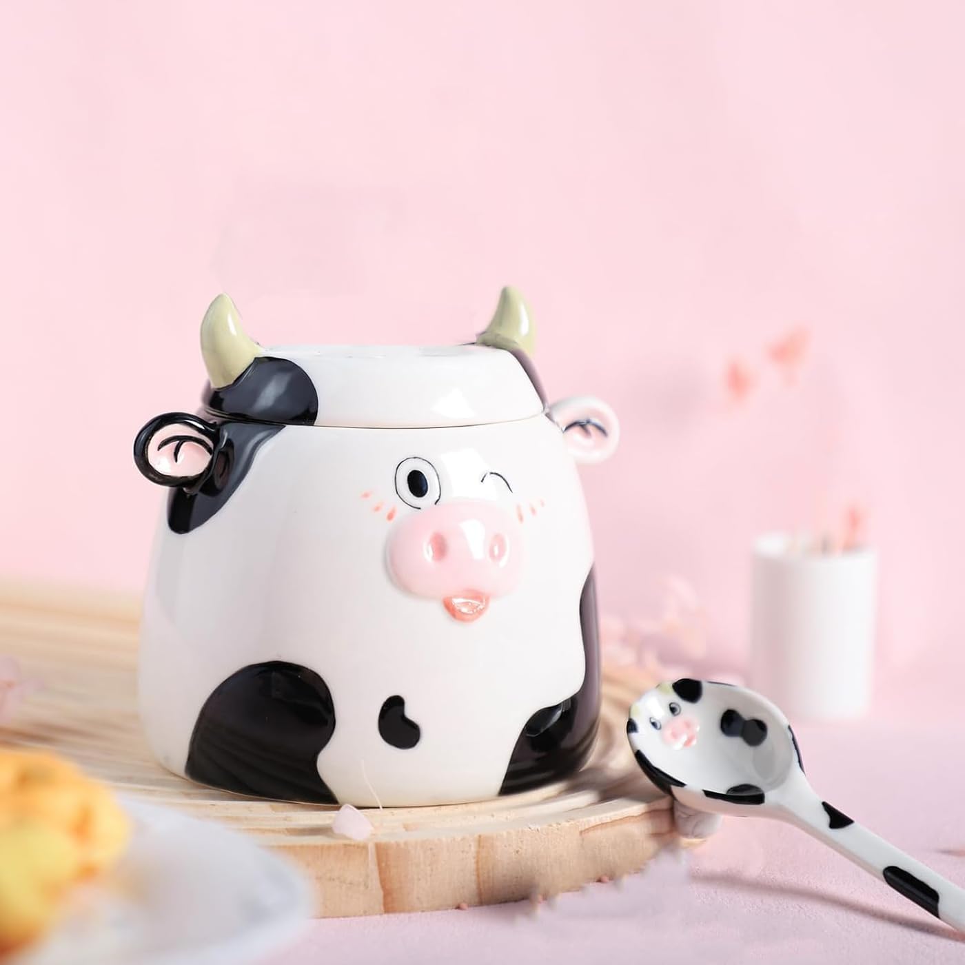Cute Cow Pattern Ceramic Sugar Bowl, Cow Shaped Salt Bowl with Lid Spoon Set, 15 OZ