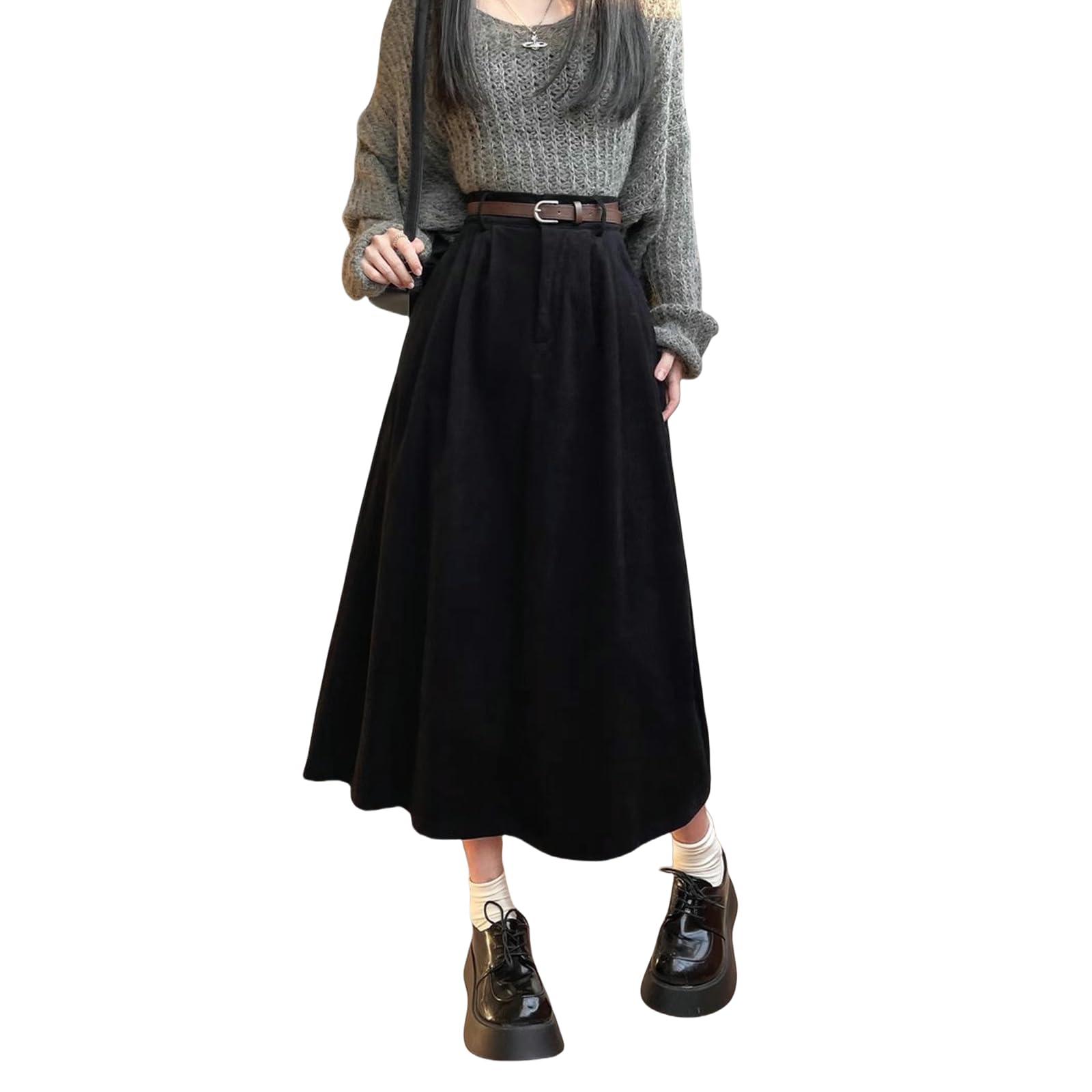 Röcke Cordrock Für Frauen Herbst Und Winter Neuer Hoher Taille Langer Retro-hip-hip-bedeckender A-line-Rock Mit Gürtel-schwarz-s