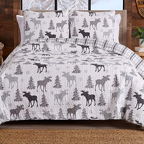 Lodge Bedspread Full/Queen Size Quilt with 2 Shams. Cabin 3-Piece Reversible All Season Quilt Set. Rustic Quilt Coverlet Bed Set. Wilderness Collection (Moose - Grey)