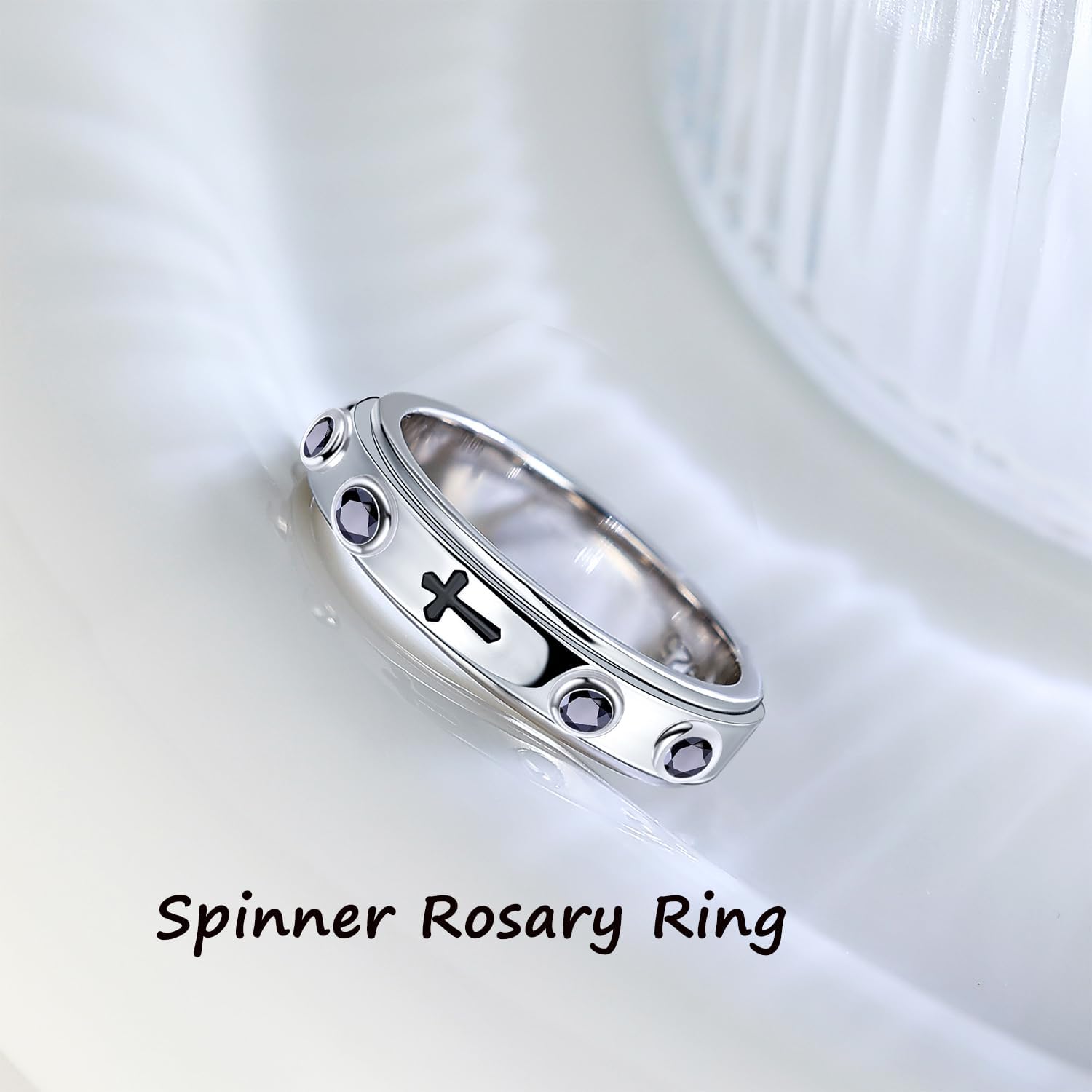 LYTTMAB 6MM Sterling S925 Silver Rosary Spinner Ring For Men, Finger Decade Rosary Ring For Women, Catholic Anxiety Fidget Ring
