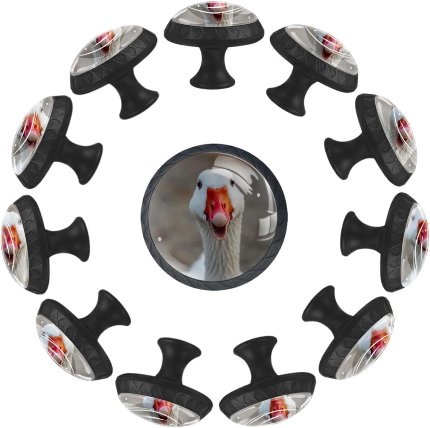 Black Base Funny White Goose (2) Decorative Pulls, Pattern Cabinet Knobs for Home Furniture Decoration