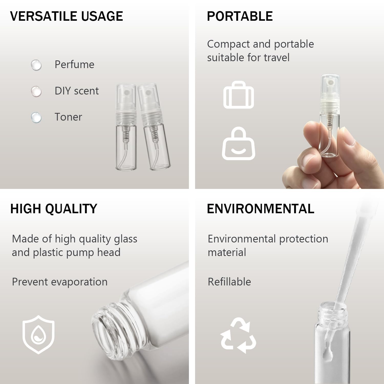 elfenstal- 10pcs 20pcs Mini claro 3 ml 5 ml atomizador de 1/6 oz fina niebla botella de cristal vacía botella de Spray Rellenable fragancia perfume aroma muestra paño limpio para viajes partido maquillaje herramienta libre pipeta