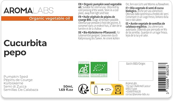 ORGANIC - PUMPKIN SEED Oil - 50mL - 100% Pure, Natural, Cold Pressed and AB Certified - AROMA LABS (French Brand)