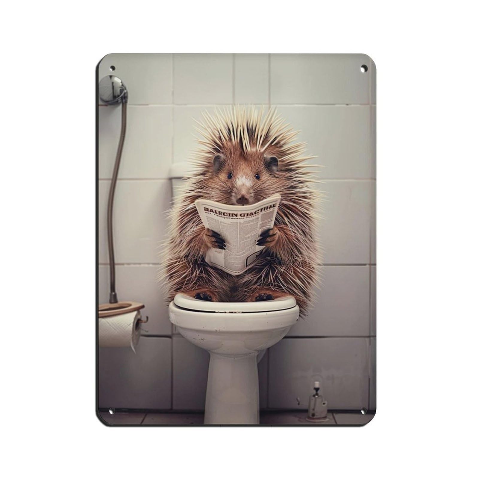 Porcupine Sitting on The Toilet Reading A Newspaper (4) Retro Poster Metal Tin Sign Chic Art Retro Iron Painting Bar People Cave Cafe Family Garage Poster Wall Decoration 12x16inch(30x40cm)