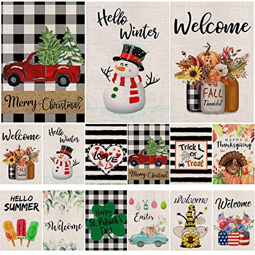 Seasonal Garden Flags Set of 12 Double Sided 12 x 18 Fall Welcome Gnome Garden Flags Burlap Small Yard Flag Holiday Set for Christmas Halloween Thanksgiving And More