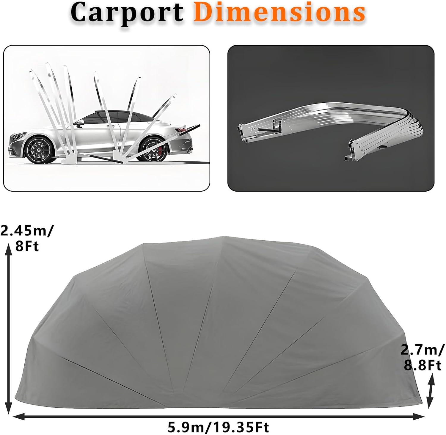Semi Automatic Car Canopy, 19.35 x 8.8 Ft Garage Shelter with Heavy-Duty Oxford Fabric, Stainless Steel Frame - Waterproof, UV-Resistant, Windproof for Outdoor Vehicle Protection, Grey