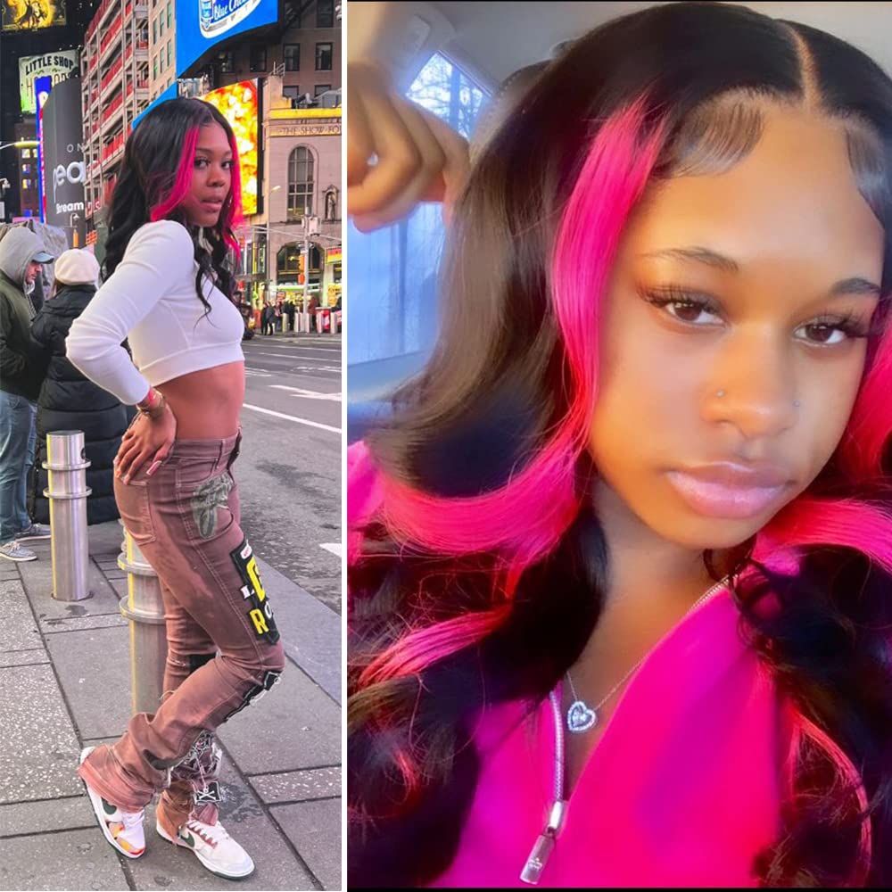 Skunk Stripe Wave Wig Ombre Lace Frontal Wig Human Hair Wigs 13X4 Pink Red 150% Density HD Transparent Lace 18 Inch