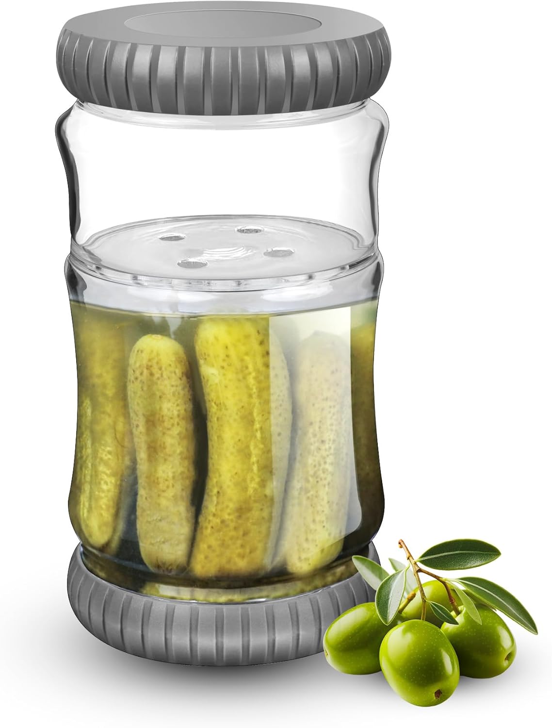 40oz Glass Pickle Jar with Strainer Flip – Pickle Container with Airtight Lid, Fermentation Hourglass Jar for Kimchi, Olives, Gherkins (Dishwasher Safe, Dark Gray)