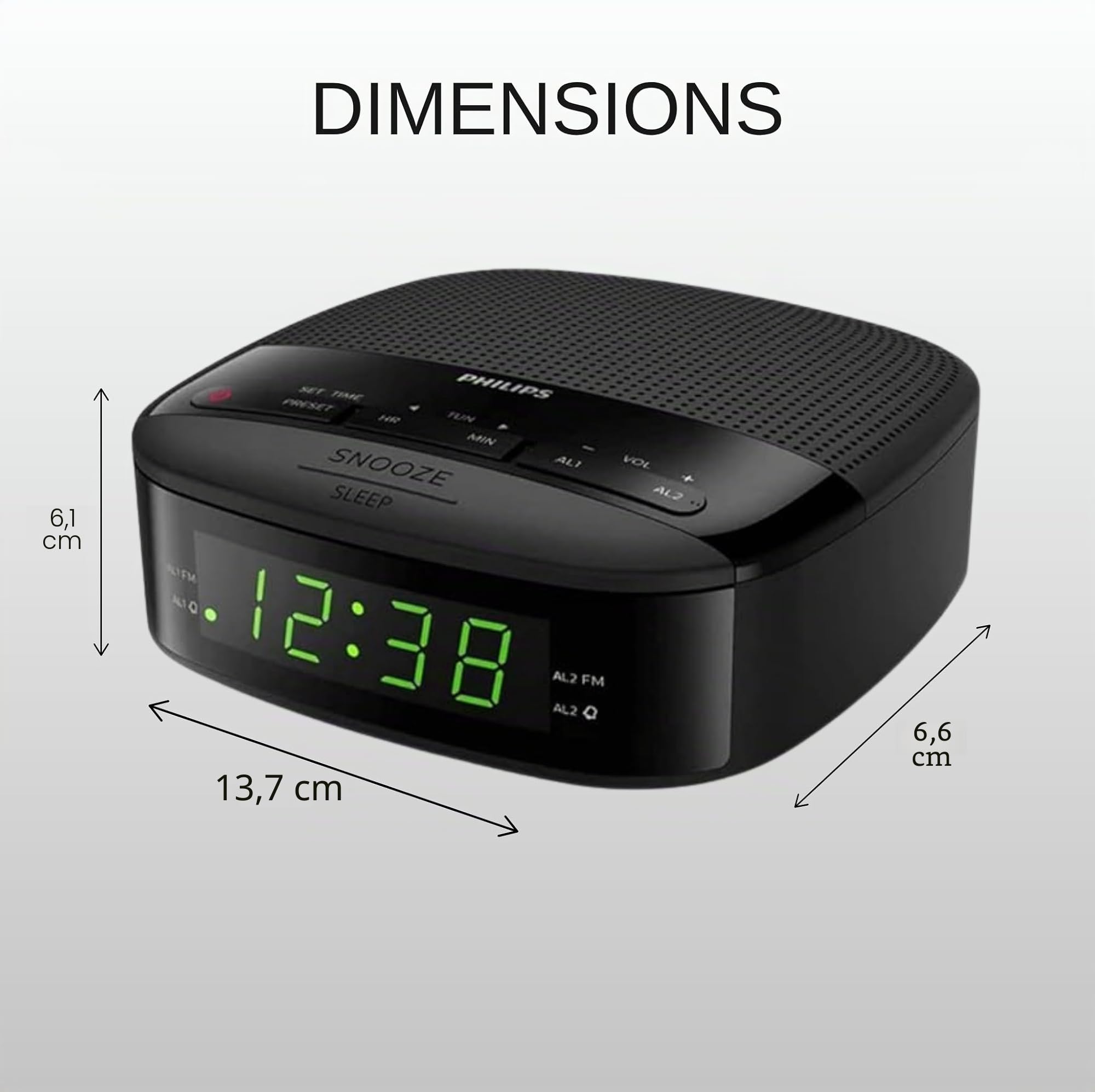 Philips Audio R3205/12 Radio-réveil, Radio FM (Double Alarme, Arrêt programmé, Radio numérique, Forme compacte, Batterie de Secours, Jusqu'à 10 présélection)