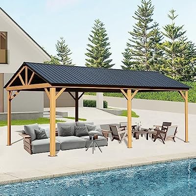Domi 12'x20' Hardtop Gazebo,Outdoor Permanent Gazebo with Galvanized Steel Gable Roof and Wood Grain Aluminum Frame, Metal Pavilion Gazebo for Patio, Backyard, Deck and Lawns