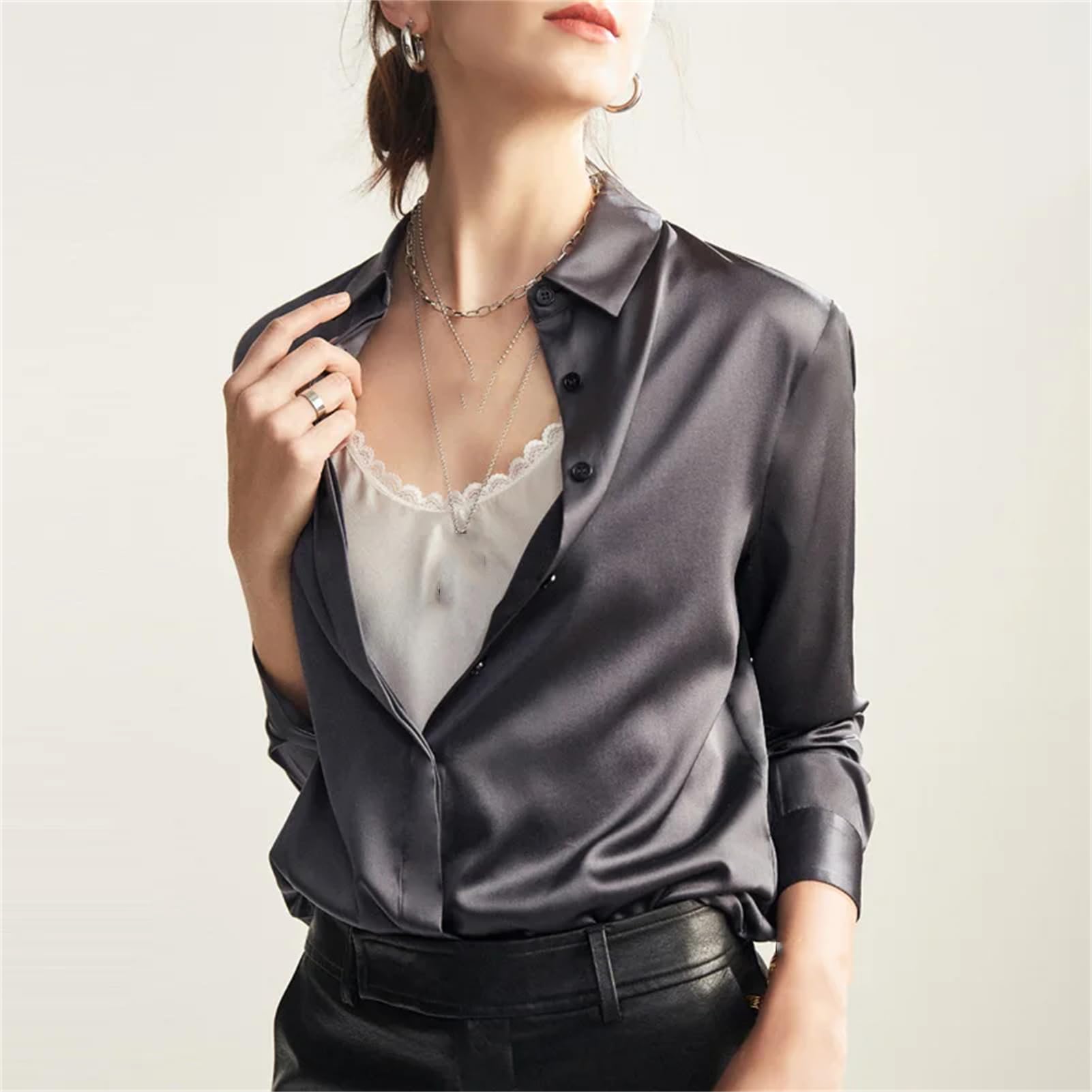 Vogrtcc Blusa de seda para mujer con encaje cosido de manga larga para oficina
