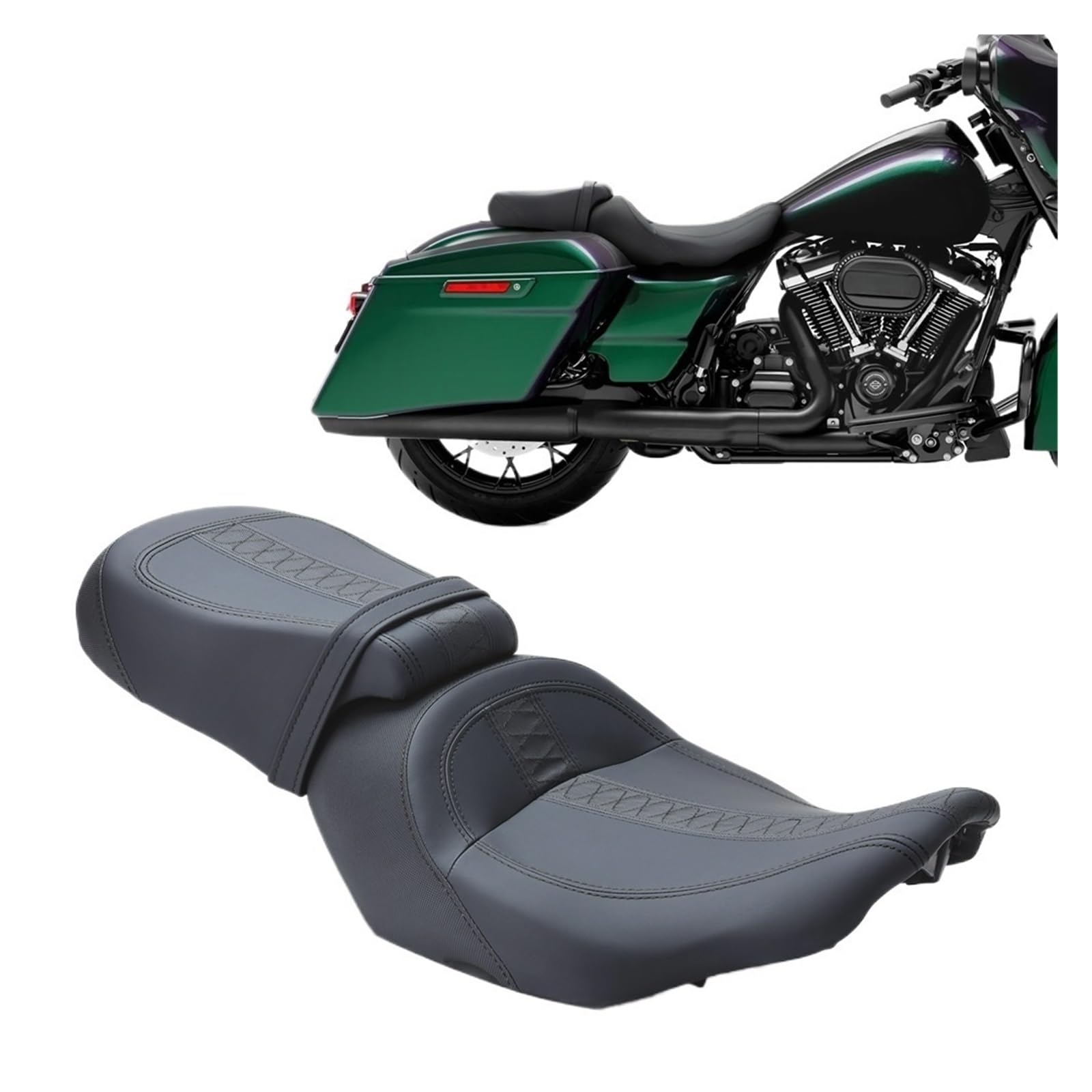 Motorrad-Vorder- und Rücksitzbank Fahrer-Beifahrer-Low-Profile-Sitz Für Touring CVO Für Road Glide FLTRX Street FLHX 2023–2024 Motorrad-Ersatzteile(Black Stitching)
