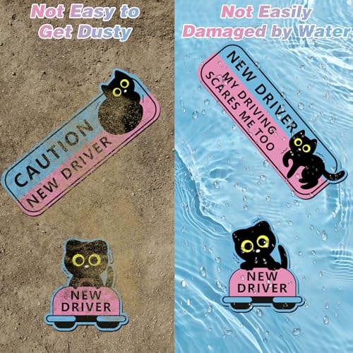 Image of 4Pcs Black Cat New Driver Car Magnet Sticker Safety Sign, Cute Shivering Cat Student Driver Sign for Car Bumper, Funny Cartoon Nervous Caution Reusable Supplies