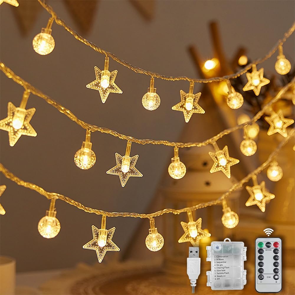 Fairy String Light,10M Ramadan Window Curtain Lights with Star and Bubble LED Lights,LED Decorate String Lights with USB+Battery Powered for Bedroom,Wedding,Party,Terrace and Lawn(Warm)