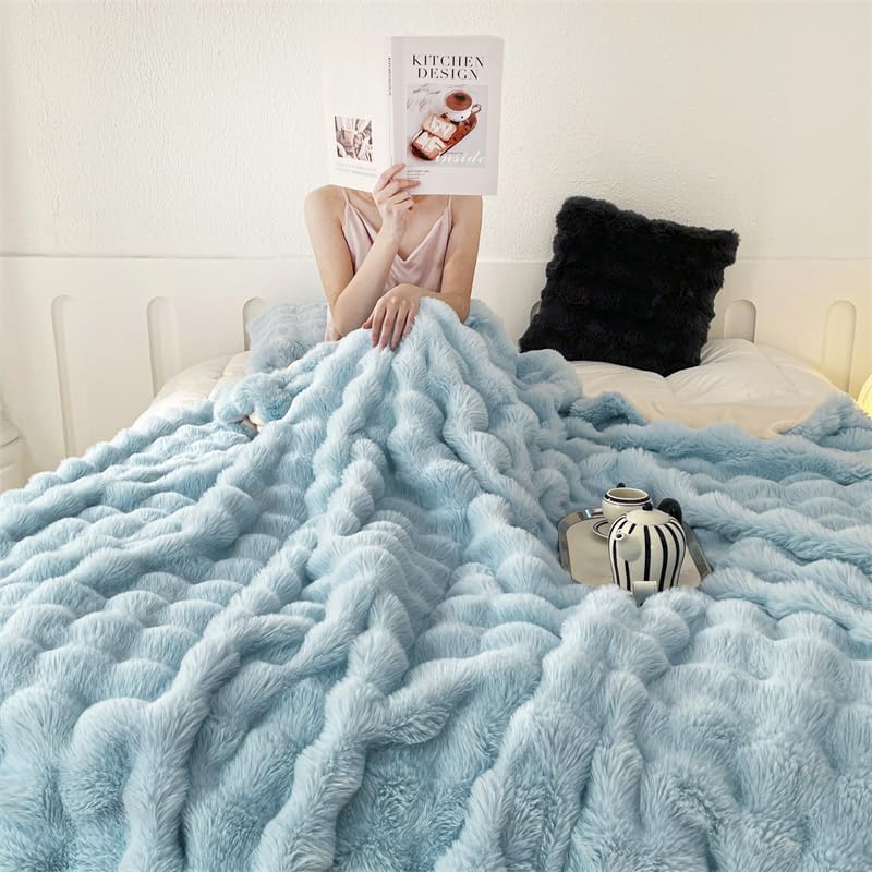 H&D Faux Fur Throw Blanket for Couch,Fluffy Cozy Soft Plush Luxury Thick Fuzzy Fleece Blanket for Couch Bed Sofa Bedroom Living Room,Comfy Bubble Blanket (LIGHTBLUE, Throw (50" x 60")) - Image 7
