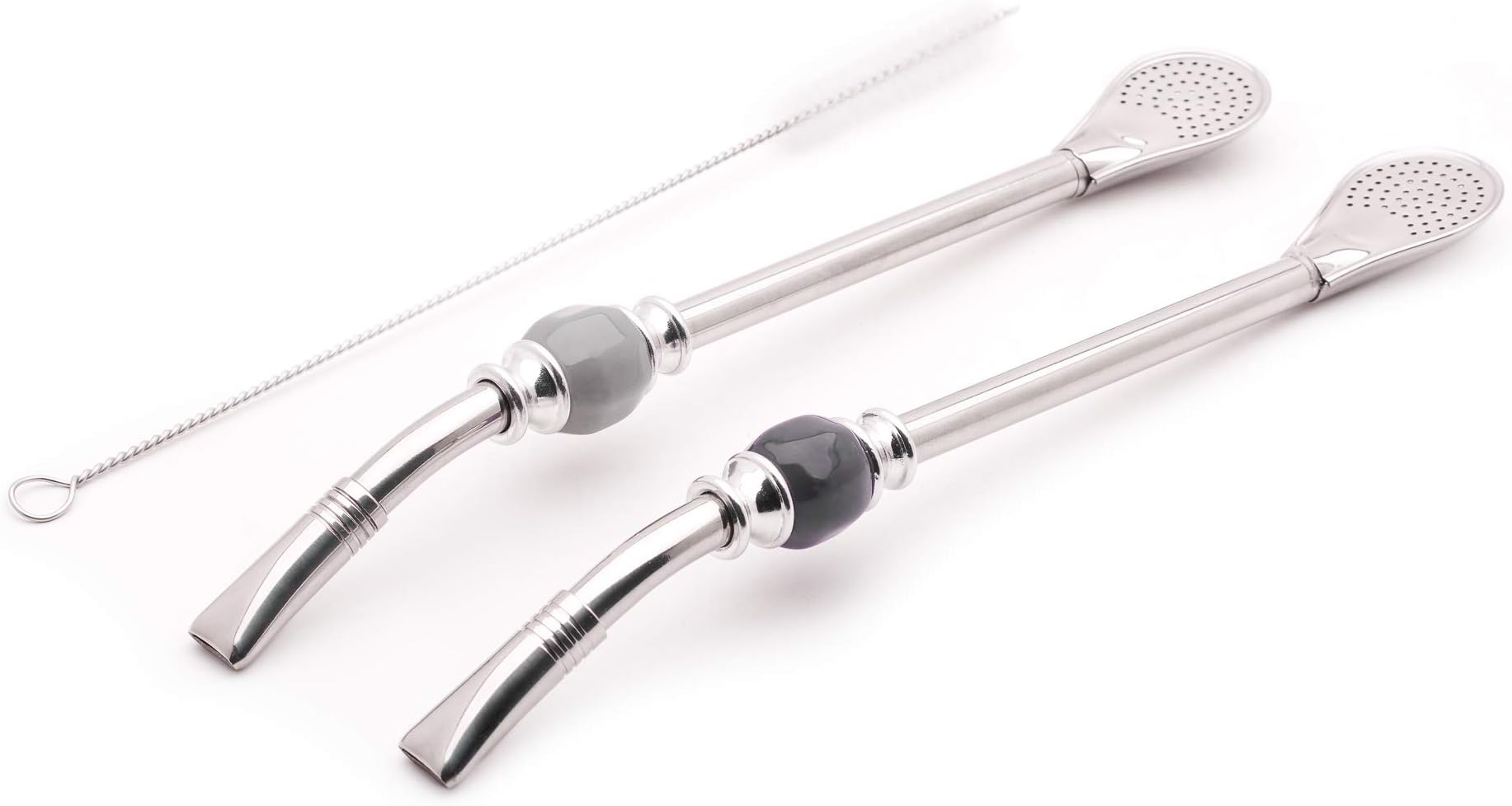 Balibetov [NEW] Set of 2 Premium big Yerba Mate stainless steel straws - Bombillas for mate gourd drinking, with removable head filter - Cleaning Brush Included - 8.5'' long (22 cm) GRAY-BLACK