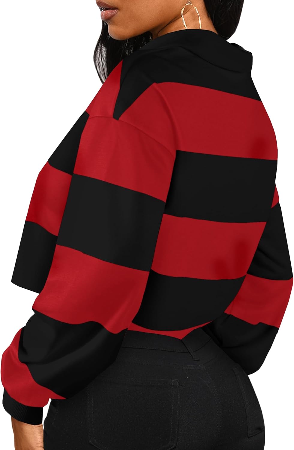 LovelyWholesale Women Striped Cropped Sweatshirts Polo Collar Long Sleeve Crop Tops - Image 3