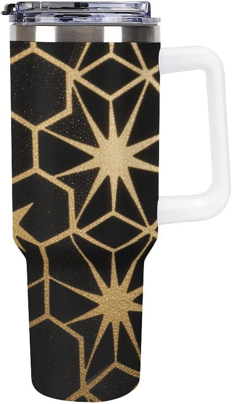 40 Oz Insulated Mug with Handle Lid And Straw Light And Shadow Hexagons Pattern Large Metal Sports Bottle Great for Gifts Parties Office Coffee