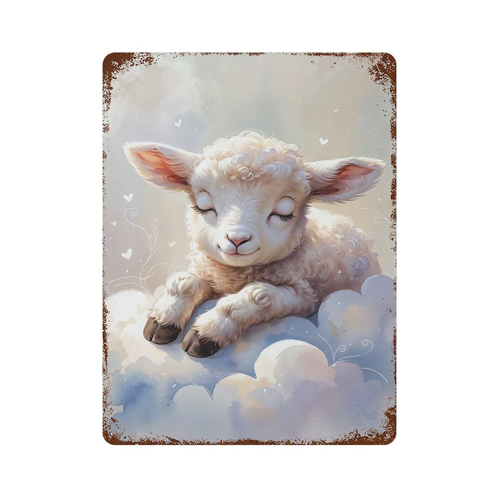 Rust Effect Tin Sign Sleeping Lamb on Clouds Watercolor 15.7"x11.8", Vintage Wall Decor for Living Room, Hallway And Home Decor