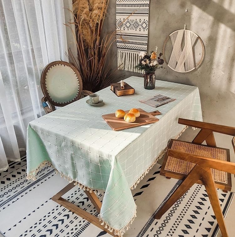 Tovaglia Antipolvere, Tovaglie Lavabili Rettangolari, Tovaglia A Quadri Blu Chiaro Ricamata in Cotone e Lino con Frange, Antipolvere, per Tavolo da Picnic, Cucina, Sala da Pranzo, 140*240 C