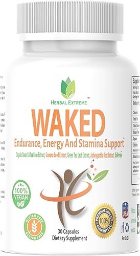 Waked Endurance, Energy And Stamina Support 30 cápsulas de extracto de grano de café verde orgánico, extracto de semilla de guaraná, extracto de