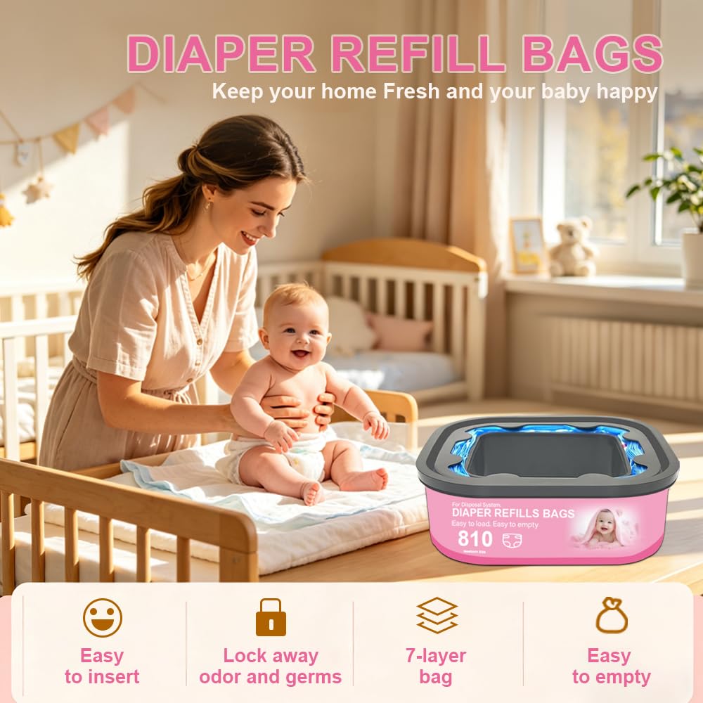 Jumbo Square Refills Disposal Bags Refill Compatible with Diaper Genie Classic, Compact and Select Pails,Hold Up to 810 Newborn-Sized Diapers Per Refill, 4 Pack