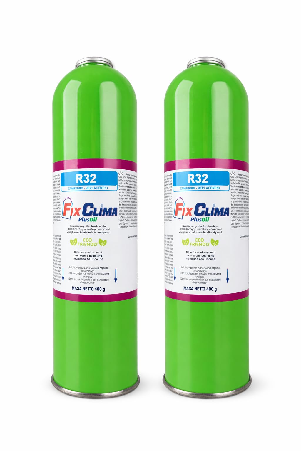 FixClima 2 X 400g R32 Refrigerante PlusOil – Bottiglia di ricarica per condizionatori domestici – Gas di ricambio per split e Mobile AC – Facile da usare, migliore capacità di raffreddamento