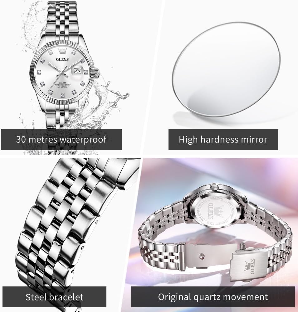 OLEVS Watch Women Silver Watch for Women Luxury Diamond Womens Watches for Small Wrist Stainless Steel Waterproof Analog Quartz Date Elegant Reloj para Mujer - Image 5