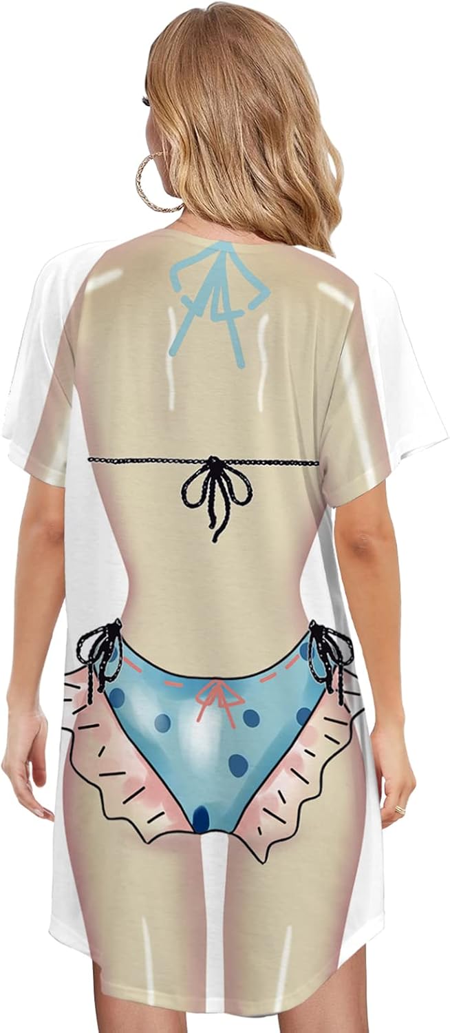 Women's Funny Bikini Beach Cover Up Shirt Cute Short Sleeve Baggy Body Print Swimsuit Cover-Up T Shirt Dress - Image 2