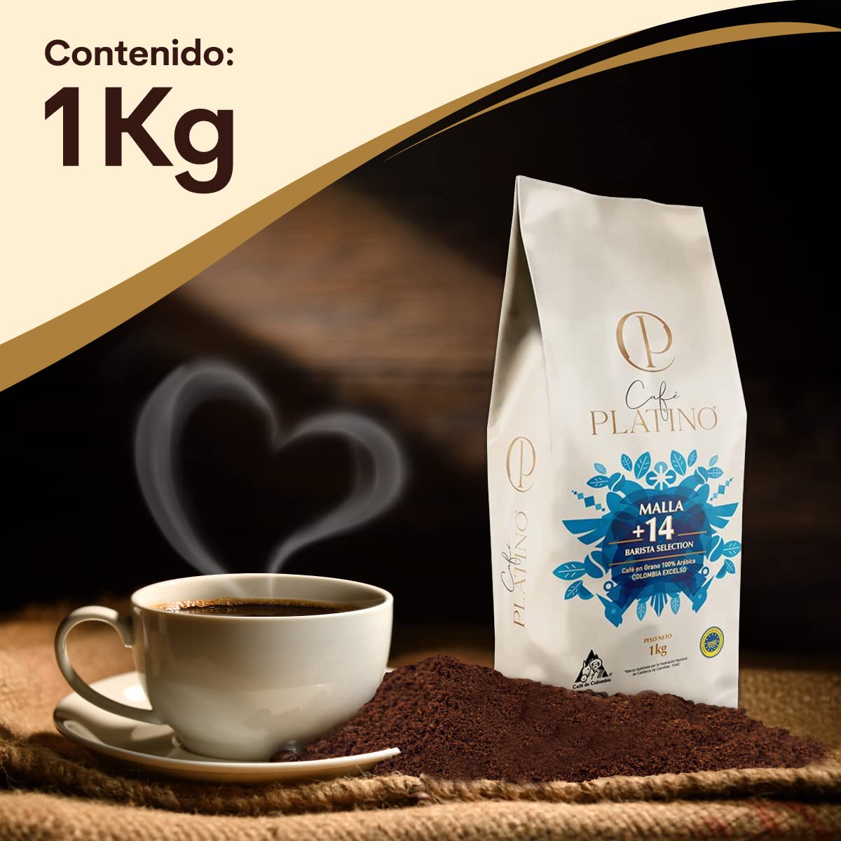 Café Platino - Café Descafeinado Molido Colombia Tostado 1Kg - Selección Excelso Certificado por la Federación Nacional de Cafeteros de Colombia - Malla +14