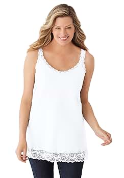 Woman Within Plus Size Lace-Trim V-Neck Tank - 12, White at