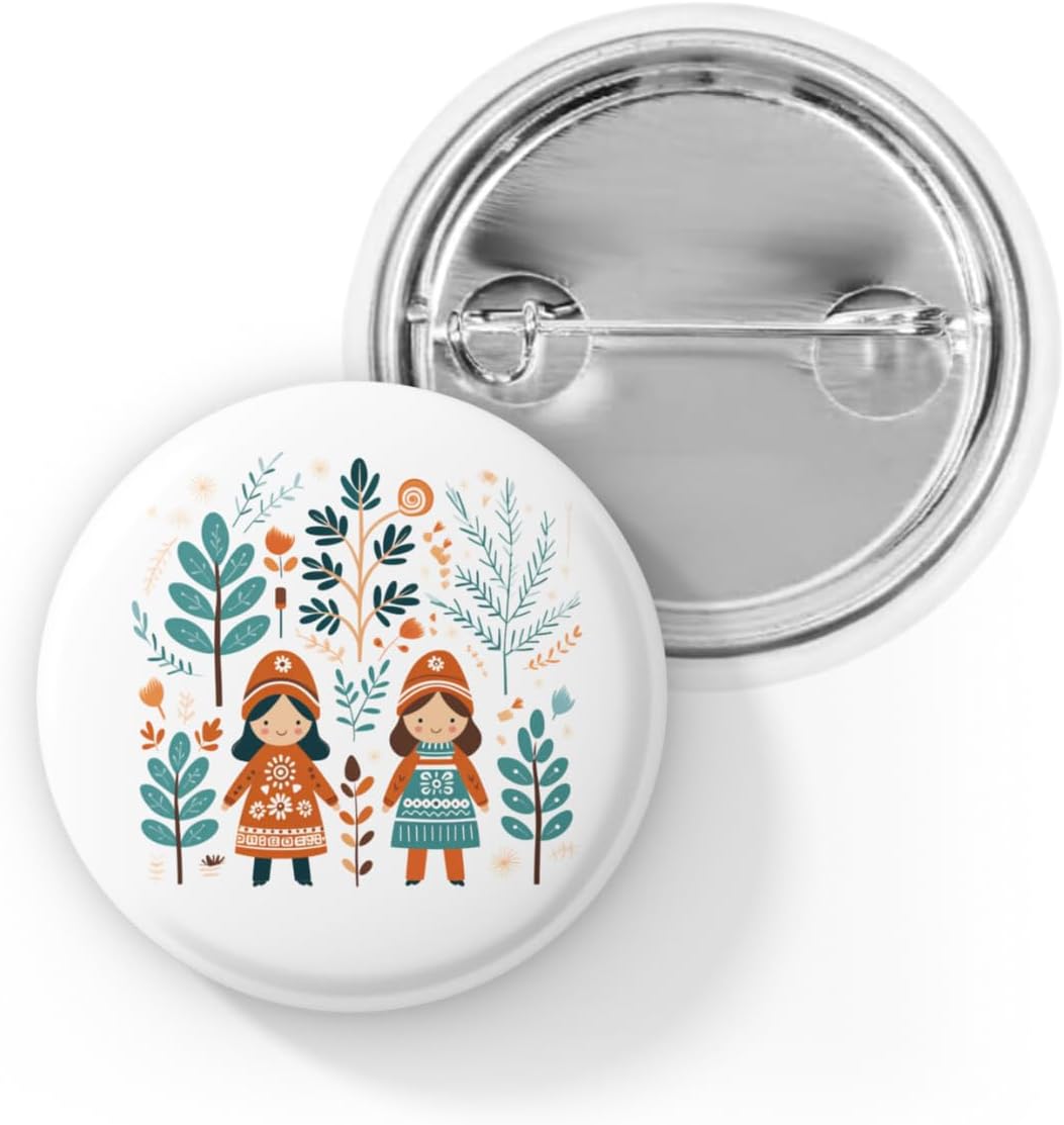 Whimsical Folk Art Pin Button – Two Girls in Forest Design – Nordic Folk Badge, Cozy Nordic Style Gift for Art and Nature Lovers