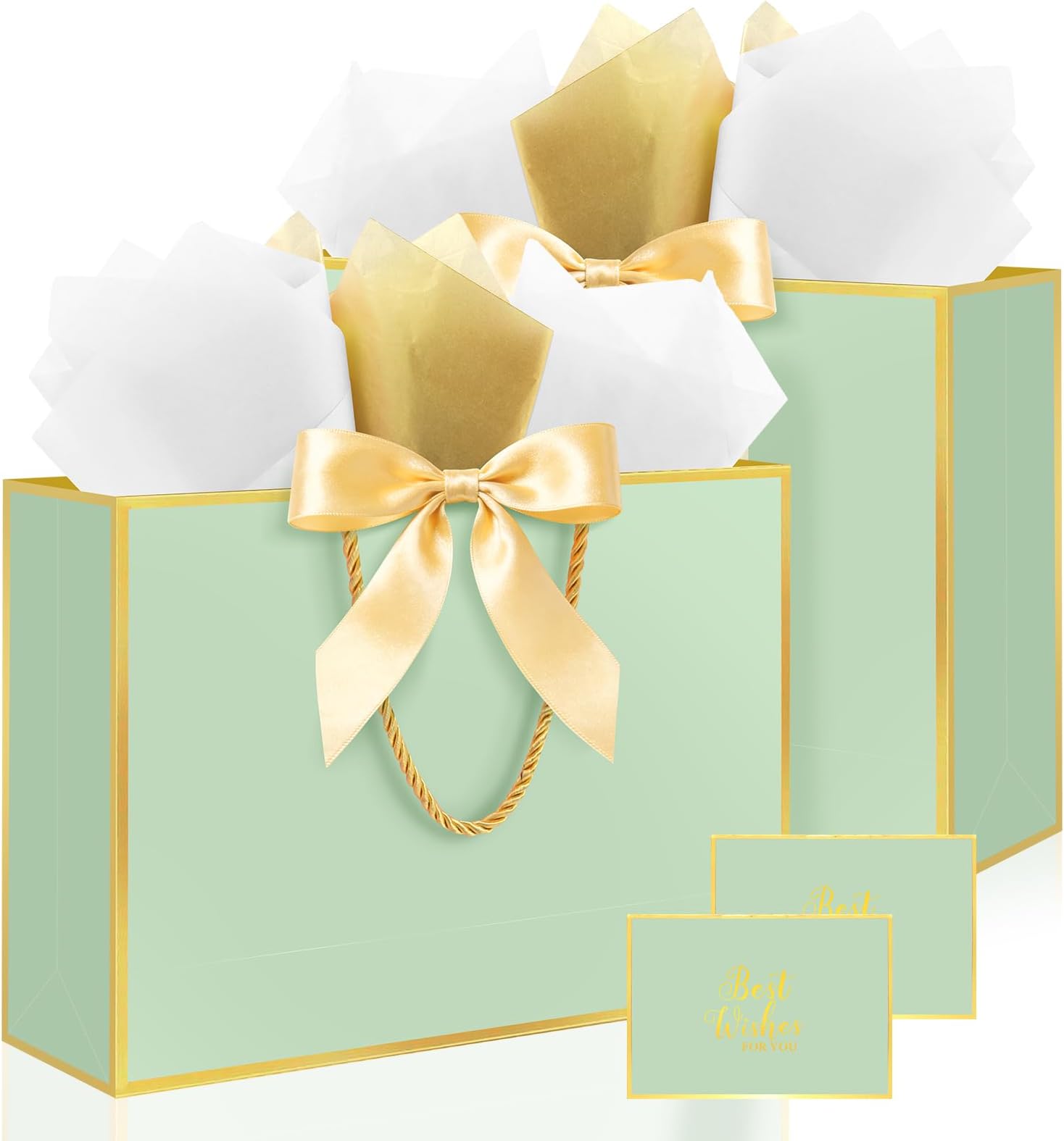 Ethhqu Fancy Large Gift Bags with Handles, 2 Pack 12.6x10x4 Inches - Includes Tissue Paper & Cards for Birthday, Valentine's Day, Baby Shower, Wedding, Anniversary & Holiday Gifts (Green and Gold)