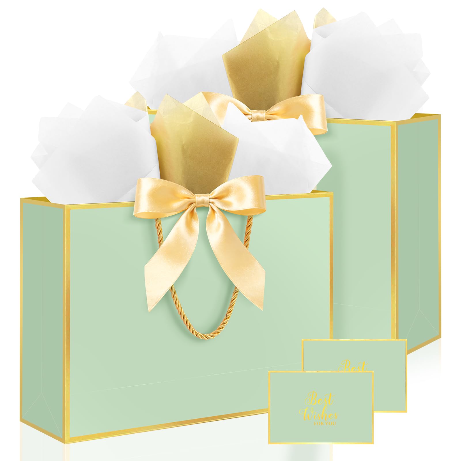 Ethhqu Fancy Large Gift Bags with Handles, 2 Pack 12.6x10x4 Inches - Includes Tissue Paper & Cards for Birthday, Valentine's Day, Baby Shower, Wedding, Anniversary & Holiday Gifts (Green and Gold)