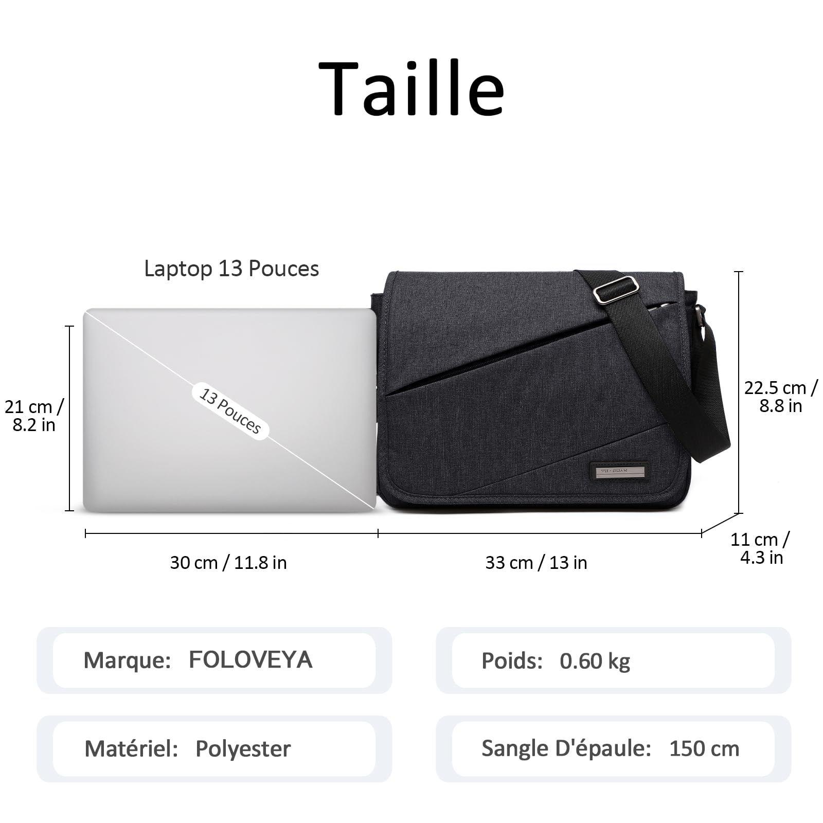Sac à Bandoulière Homme 13 Pouces Ordinateur Portable Sac Messager Multiples Poches Besace pour Bureau Travail Collège Imperméable Polyester Sacs d'épaule Noir