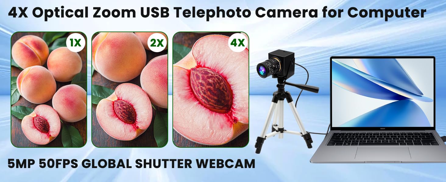 ELP Global Shutter Webcam USB 5MP 50fps ad alta velocità 1440P 60fps Telecamera varifocale Teleobiettivo (zoom 4X)